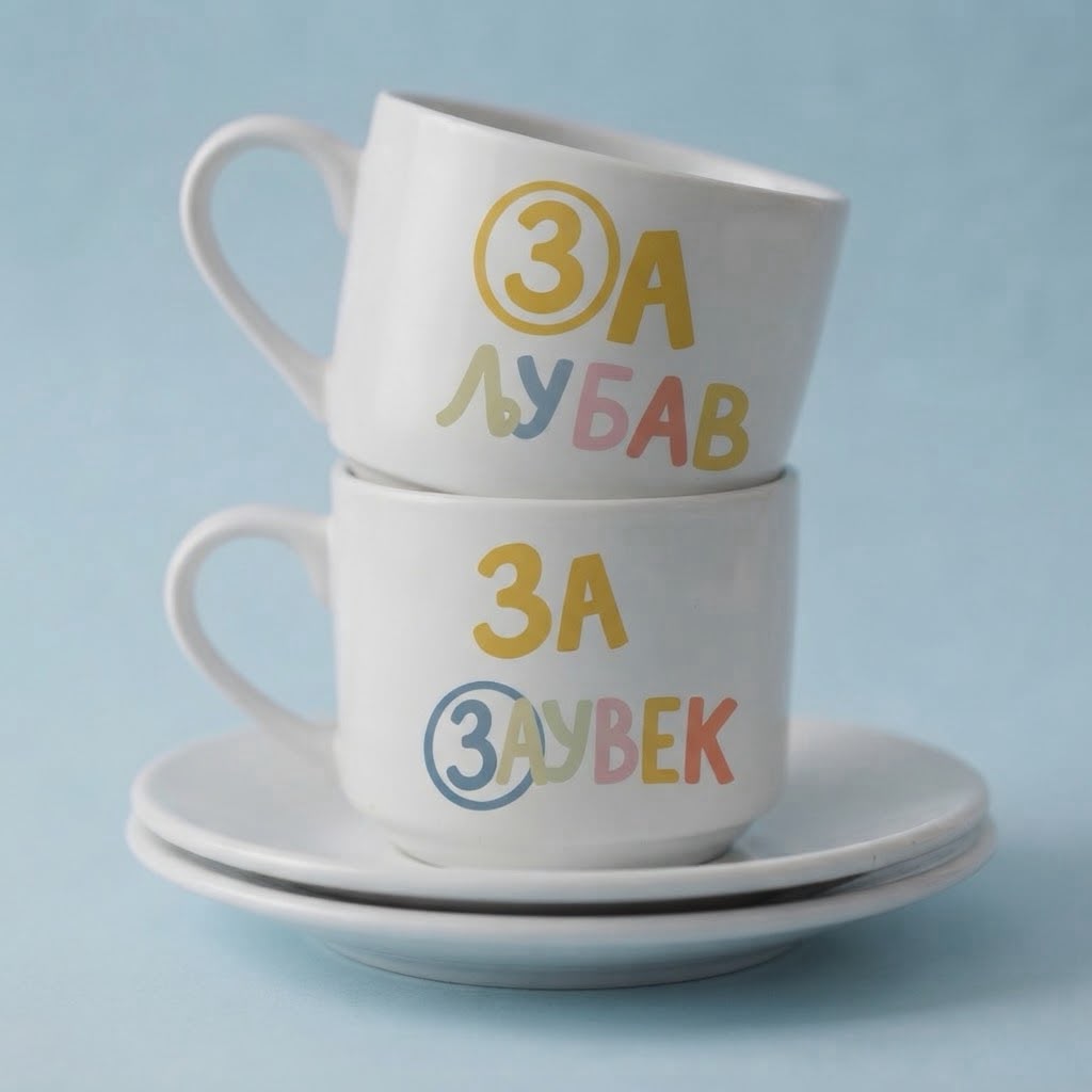Dve bele šolje sa tacnom, natpisi Za ljubav i Za zauvek u više boja